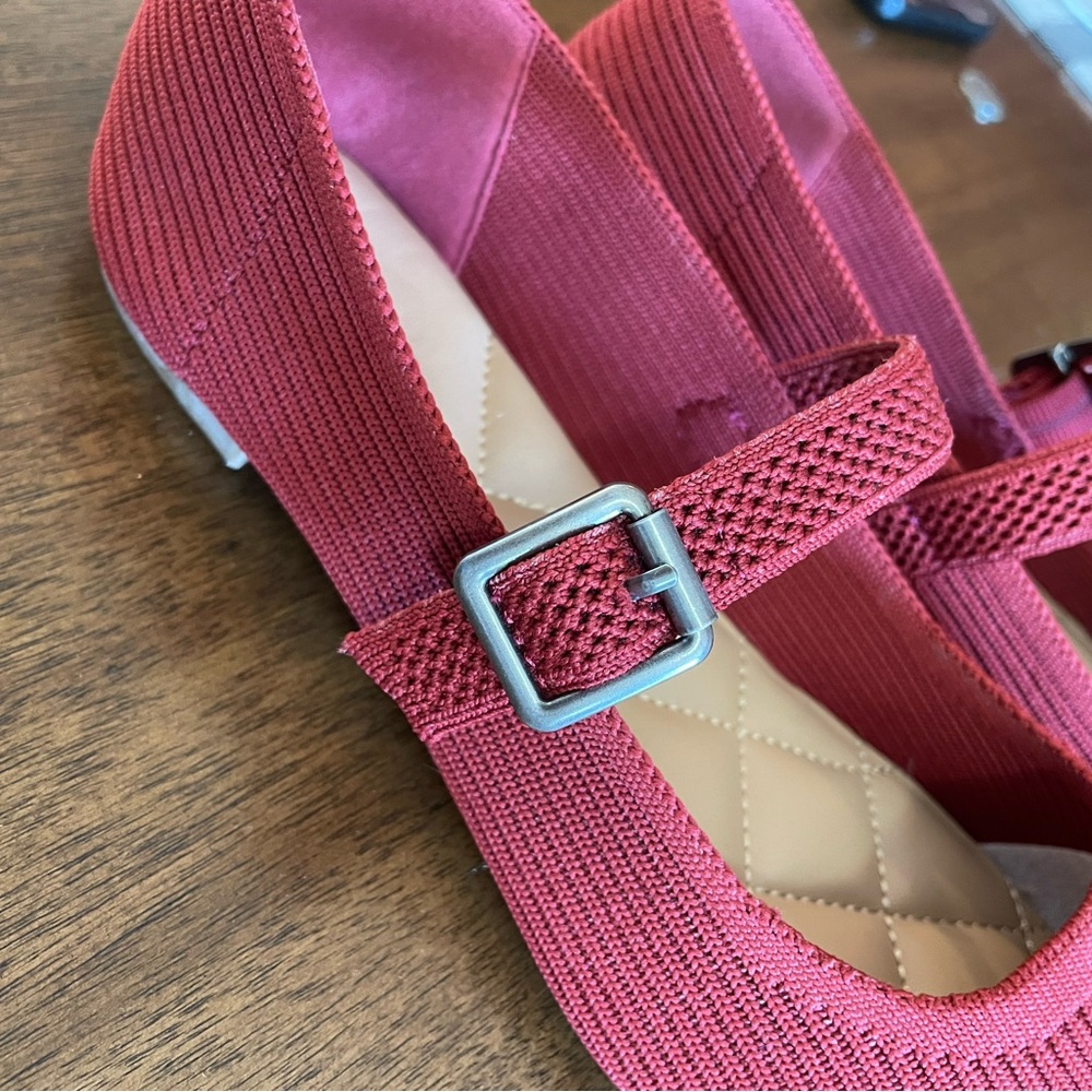 MIA Coral-Red Knit Mary Jane Flats with Silver Buckle - Picture 7 of 7